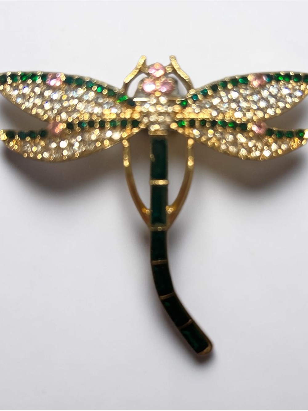 Gold-Tone Dragonfly Brooch with Green and Pink Accents